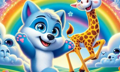 Un piccolo lupo blu di nome Lupo, con un pelo lucente e occhi brillanti di gioia, danza su un arcobaleno colorato, ridendo a crepapelle. Accanto a lui, una giraffa gioiosa con un lungo collo maculato e un grande sorriso, mentre fa movimenti di danza divertenti. Sullo sfondo, una nuvola magica di nome Nubi, a forma di grande nuvola soffice, fluttua nel cielo, con occhi rotondi e un sorriso malizioso, lanciando stelle scintillanti attorno a loro. Il paesaggio è pieno di colori vivaci: un cielo blu brillante, un arcobaleno dai toni vivaci e colline verdi che si estendono a perdita d'occhio. La scena principale mostra Lupo e la giraffa che si divertono insieme, circondati da magia e risate, in un'atmosfera gioiosa e fantastica.