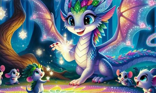 In the center of the image, a beautiful dragon named Moonberry, with shimmering rainbow-colored scales, spreads her translucent wings under the soft moonlight. She has a determined and joyful look, her smile lighting up her face as she helps a small group of animals. To her right, a young dryad with leaf-green hair and sparkling eyes watches Moonberry with admiration, holding a star-shaped pendant, her face marked by hope. To the left, a group of small silver mice, with bright eyes and twitching tails, are busy creating a beautiful pattern of colored glass on the ground, their faces expressing joy and excitement. The setting is an enchanted forest, bathed in silver moonlight, with majestic trees and luminescent flowers shimmering in the darkness. The scene depicts Moonberry, full of determination and kindness, helping her friends create a sparkling glass mosaic, symbolizing unity and the magic of Ramadan.