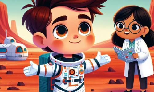 The main character, a man named Captain Leo Starling, is a smiling astronaut with slightly tousled brown hair and sparkling eyes full of excitement. He wears a white spacesuit adorned with colorful details and stands on the red Martian soil with open arms, as if embracing the vastness of the universe. His expression is filled with joy and curiosity, reflecting his wonder at this new adventure. 

Beside him is Dr. Mia Chen, a woman in her thirties with black hair tied in a ponytail and glasses on her nose. She is carefully examining a Martian soil sample, focused and passionate, standing slightly back and observing the discoveries with an admiring gaze. 

A little further away, Commander Raj Patel, a man in his forties with a well-groomed beard and a warm smile, is consulting a map of the Martian surface. He stands near the spacecraft, ready to guide the team in their upcoming explorations. 

The scene takes place in the Martian landscape, featuring red sand dunes, wind-sculpted rocks, and a deep blue sky dotted with twinkling stars. In the background, the silver spacecraft shines under the Martian sunlight, adding a futuristic touch to this extraterrestrial setting. 

The main situation shows Captain Leo Starling, arms open, celebrating their arrival on Mars, surrounded by his teammates, all in awe of the beauty of the red planet and ready to explore its mysteries.