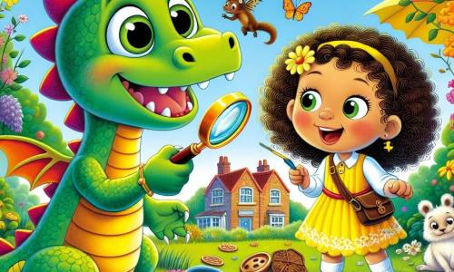 A small colorful dragon named Danny, with shiny green scales and a long curled tail, gazes with wide eyes and a joyful smile, holding a magnifying glass in his paw. Next to him is a little girl named Lily, with curly brown hair and a bright yellow dress, displaying a determined expression as she points to a shiny button she just found on the ground. Their environment is a sunny garden filled with colorful flowers and fluttering butterflies, with a house in the background where Mrs. Honeybunch, a smiling elderly lady with gray hair, watches them with gratitude. The main scene shows Danny and Lily in the midst of an investigation, searching for clues to solve the mystery of the missing cookies, with cookie crumbs scattered around them, while a curious squirrel observes them from a tree branch.