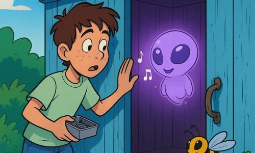 A anxious-curious 12-year-old boy with freckled face and messy brown hair in a pale green T-shirt and denim shorts holds a small box of nails and touches the cabin door handle; a friendly, round, floating alien with translucent pale violet skin and large glowing eyes emits a soft glow and floats just inside a sky-blue wooden cabin with cracked paint, a twisted rusty handle and a small round window, a strip of purple light spilling from the ajar door as a buzzing yellow-and-black bee visits red and orange flowers nearby — a silent moment of discovery as the boy presses his ear to the wood, heart racing, the door opening to reveal the glowing alien.