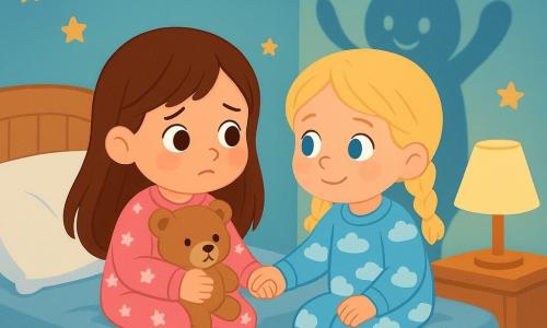 There are two main characters: Mia, a 5-year-old girl with long brown hair and sparkling eyes, wearing a pink pajamas with white stars, holding a teddy bear in her arms, sitting on her bed looking a bit worried; and Lila, also a 5-year-old girl with braided blonde hair and blue eyes, wearing blue pajamas with clouds, sitting next to Mia holding her hand to reassure her. The setting is a cozy children's room with light blue walls and golden star stickers. A small lamp casts a soft yellow light, creating shadows in the corners. A fluffy rug is spread on the floor, and toys are scattered around them. The main situation shows Mia and Lila sitting on the bed, looking at the shadows in the room. Mia appears a bit scared of the dark while Lila smiles tenderly at her, ready to comfort her. The shadows dance on the wall, creating fun and friendly shapes.