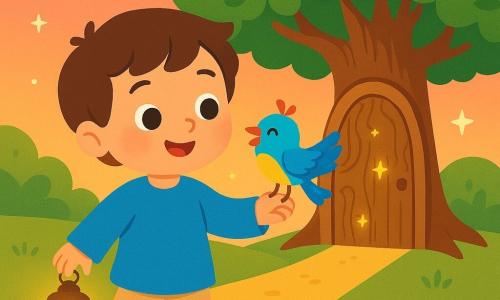 A man named Tomas, with brown hair and sparkling joyful eyes, walks on a golden sandy path. He wears a blue tunic and beige pants, holding a small lamp that emits a soft, warm light. His face expresses curiosity and kindness. Beside him, a small bird with colorful feathers, a yellow belly, and bright blue wings sings happily. The bird perches on Tomas's hand, adding a touch of magic to the scene. In the background, a large tree with shiny green leaves stands majestically, with a carved wooden door opening to a bright interior filled with twinkling stars. The sky is tinted pink and orange, creating a fairy-tale atmosphere. The main scene shows Tomas approaching the tree, ready to knock on the door, while the bird sings and stars float around them, illuminating the path with a soft, enchanted glow.