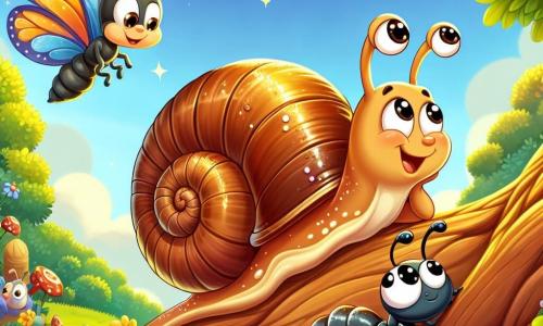 Um caracol chamado Sabiá, com um bonito capacete brilhante e antenas dançantes, expressa grande curiosidade e excitação enquanto sobe no tronco de uma imensa árvore, seus olhos brilhando de aventura. Ao seu lado, uma pequena formiga chamada Apolônia, com corpo negro e patas delicadas, observa Sabiá com admiração, enquanto uma linda borboleta chamada Lúcia, com asas coloridas de azul e amarelo, voa alegremente ao redor deles, acrescentando um toque de magia à cena. O lugar é um jardim encantador, banhado em luz dourada, com flores vibrantes, folhas verdes e um céu azul salpicado de nuvens fofas. A situação principal mostra Sabiá deslizando pelo tronco da árvore, pronto para descobrir o mundo além de seu jardim, enquanto seus amigos o incentivam com entusiasmo.