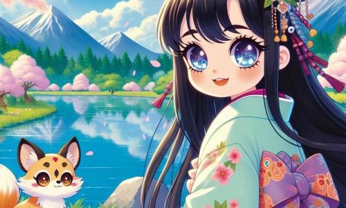 Yuki, uma jovem com longos cabelos negros como a noite e olhos brilhantes como estrelas, está à beira de um lago sereno, seu rosto radiante de curiosidade. Ela veste um quimono tradicional com padrões florais coloridos e suas mãos estão delicadamente sobre os quadris, enquanto observa seu reflexo na água. Ao seu lado, Kitsu, uma pequena raposa de pelos dourados e olhos travessos, está sentada em uma pedra, observando Yuki com um sorriso encorajador. O local é um lindo lago cercado por montanhas majestosas, com cerejeiras em flor cujas pétalas caem suavemente, criando um tapete rosa na grama verde. O céu é de um azul vibrante, salpicado de nuvens brancas. A cena principal mostra Yuki contemplando seu reflexo, percebendo a importância da sabedoria e da bravura, enquanto Kitsu a encoraja, simbolizando a amizade e o apoio em sua busca por conhecimento.