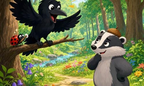 A glossy black crow with a mischievous expression and half-open wings perches on a low branch, joyfully shouting its new word BLIMBADOODLE; below, a serious striped badger wearing a small acorn cap stands on the path, surprised but softened into a smile, while a tiny ladybug polishes its black-spotted red shell beside the crow; the scene is a bright round clearing surrounded by tall trees, green grass with flowers and a shimmering stream, cheerful mood, saturated colors and clean shapes.