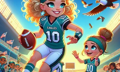 Mia Thompson, an athletic woman with curly golden hair, is at the center of the image, smiling and full of determination. She wears an Eagles team jersey with the number 10 and football shorts, skillfully dribbling the ball on the field. Her eyes shine with excitement and passion for the game. Next to her is Lily, a nine-year-old girl with pigtails and a radiant smile, wearing a football jersey with Mia's name on the back. She enthusiastically cheers, her eyes sparkling with admiration, standing right beside Mia on the field. The scene is set in a vibrant stadium filled with supporters waving colorful flags and singing cheers. The sky is bright blue, and the sun shines on the green grass, creating a joyful and dynamic atmosphere. The main focus shows Mia in action, gracefully dribbling the ball, while inspired Lily encourages her with enthusiastic gestures. It’s a moment of camaraderie and passion for football, illustrating the beauty of the game and the importance of dreams.