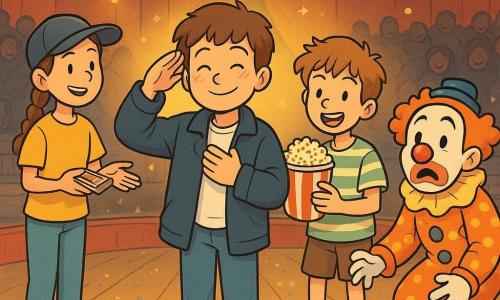 Er zijn vier personen: Sam — jongen ~11 jaar, kort bruin haar, te grote donkerblauwe jas, staat midden vooraan op de piste, hand op het hart, licht gebogen in groet, gezicht rood van trots; Aya — meisje ~11 jaar, strakke vlecht, petje schuin, eenvoudige gele kleding, links van Sam, houdt een kleine knijptang voor kaartjes en wijst als een stille dirigent; Milo — jongen ~10 jaar, warrig haar, gestreept t-shirt, rechts van Sam, houdt een bak popcorn in de ene hand en reikt met de andere een net gevallen roze suikerspin aan; Clown Kees — volwassen clown, glanzende rode neus, lichte schmink, enorme rode schoenen, vooraan iets rechts, gebogen met een roze suikerspin aan zijn schoen, verraste komische uitdrukking. Locatie: binnen in een grote kleurrijke circustent, stoffige houten plankenvloer, warme oranje-gele spotlights verlichten de ronde piste, donkere rode achtergrondgordijn, rijen banken vol glimlachende silhouetten, confetti en glitters op de grond. Situatie: de vier op de piste bij de opening; Sam, Aya en Milo brengen een gezamenlijke groet naar het publiek terwijl Clown Kees de komische scène speelt met suikerspin aan zijn schoen; vrolijke sfeer, actie bevroren op het moment dat het publiek in de lach schiet, lichtflitsen en kleine glinsteringen in de lucht.