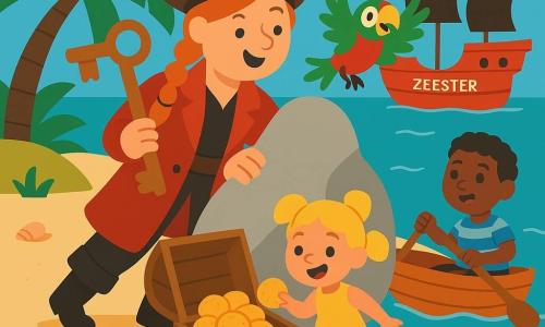 Kapitein Roos is een vrolijke vrouw met gevlochten rood haar, een grote rode jas en een bruine piratenhoed; ze draagt een grote houten sleutel en duwt zacht een grote steen op het strand. Piet is een groene en rode mannelijke papegaai op haar linkerschouder die "Koekjes!" roept. Sam is een jongen met kort bruin haar in een blauw gestreept t-shirt die met een bootje dichtbij het strand naar een open kist met verbazing kijkt. Mia is een meisje met blonde staartjes in een gele jurk dat naast de kist in het zand staat en een koekje pakt. De schat is een oude houten kist bij een grote grijze steen vol grote, harde, goudkleurige ronde koekjes. Het eiland is een klein beige zandstrand met groene palmbomen, wat schelpen, turquoise water en het grote rode piratenschip "Zeester" op zee; de scène toont het vrolijke moment waarop ze de koekjes vinden en ze in de zon leggen om ze zachter te maken, heldere sfeer, felle kleuren, eenvoudige vormen en nette contouren.