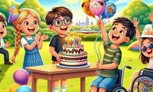 En un parque soleado, Lucas, un niño de 11 años con cabello castaño y gafas, sonríe alegremente sosteniendo un pastel de cumpleaños decorado con velas de colores. A su lado está Carla, una niña de 10 años con cabello rubio y trenzas, que aplaude entusiastamente, sus ojos brillando de alegría. Julián, un niño de 11 años con cabello negro desordenado, hace una mueca divertida, sosteniendo un globo en forma de perro, mientras que Sofía, una niña de 10 años con cabello castaño y gafas de sol, baila a su alrededor, con los brazos levantados hacia el cielo. En el fondo, Manuel, un niño de 11 años en silla de ruedas, sonríe ampliamente, rodeado de flores coloridas y globos flotantes, añadiendo un toque de magia a la escena. El parque está lleno de vegetación brillante, con árboles majestuosos y un cielo azul salpicado de nubes blancas esponjosas. Guirnaldas de luces brillantes cuelgan entre las ramas, creando un ambiente festivo y alegre. La situación principal muestra a Lucas listo para soplar sus velas, rodeado de sus amigos que lo animan con sonrisas radiantes, capturando la esencia de una maravillosa fiesta de cumpleaños llena de risas y amistad.