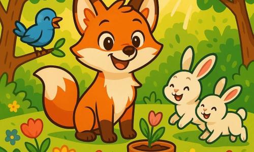 Finja, ein junger Fuchs mit leuchtend rotem Fell und neugierigen Augen, steht fröhlich im Zentrum einer sonnigen Lichtung, umgeben von bunten Blumen. Sie lächelt breit, mit aufgerichteten Ohren, bereit, den Frühling zu entdecken. Neben ihr singt ein kleiner blauer Vogel mit glänzendem Gefieder und lebhaften Augen fröhlich auf einem niedrigen Ast. Weiter weg springen zwei weiße Kaninchen mit weichem Fell glücklich im grünen Gras umher. Die Lichtung ist in goldenes Licht getaucht, mit Bäumen, die frisches Laub tragen, und leuchtenden Blumen in allen Farben. Sonnenstrahlen filtern durch die Äste und erhellen den Boden, der mit kleinen Blumen und Blättern bedeckt ist. Finja und ihre Freunde bereiten sich darauf vor, gemeinsam Blumen zu pflanzen, ihre Herzen erfüllt von Vorfreude auf den kommenden Frühling, der einen Neuanfang und schöne Abenteuer symbolisiert.
