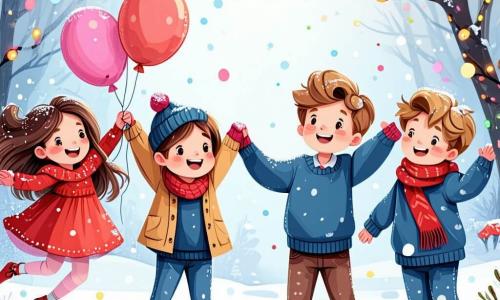 In einem verschneiten Garten stehen vier Freunde zusammen, umgeben von funkelnden bunten Lichtern. Mia, ein vierjähriges Mädchen mit langen braunen Haaren und einem roten Kleid, lächelt fröhlich und hält einen rosa Ballon. Ben, ein vierjähriger Junge mit zerzausten blonden Haaren und einem blauen Pullover, steht neben ihr und hebt die Arme zum Himmel, begeistert von den Feuerwerken. Sophie, ein vierjähriges Mädchen mit lockigem Haar und einem grünen Schal, steht leicht im Hintergrund und lacht, während sie ihre Freunde mit funkelnden Augen ansieht. Leo, ein vierjähriger Junge mit braunen Haaren, sitzt in einem hübschen Rollstuhl, der mit Girlanden geschmückt ist, und lächelt breit, während er einen gelben Ballon hält, im Zentrum der Gruppe. Der Garten ist voller fallender Schneeflocken, bunter Laternen, die an den Bäumen hängen, und einem Nachthimmel, der von strahlenden Feuerwerken erleuchtet wird. Die Freunde feiern gemeinsam den Jahreswechsel und lassen bunte Ballons in den Himmel steigen, während sie Wünsche für das kommende Jahr äußern.