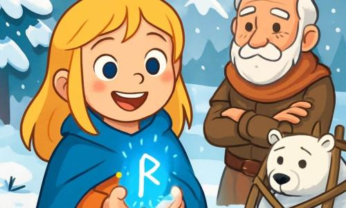 Freya, uma jovem de cabelos dourados e olhos curiosos, está no centro da imagem, segurando uma runa brilhante. Seu rosto expressa admiração e determinação, com um sorriso radiante. Ela usa uma capa azul que contrasta com a paisagem invernal. Ao seu lado, Olaf, um homem de cerca de 60 anos, com um rosto enrugado e barba branca, observa Freya com admiração, vestido com uma túnica de couro e um cachecol de lã, pronto para apoiá-la em sua aventura. O cenário é uma ilha congelada, com árvores cobertas de neve, montanhas ao fundo sob um céu cinza claro, e flocos de neve caindo suavemente. O chão está coberto de neve brilhante, e pegadas levam a um drakkar viking ao longe. A cena principal mostra Freya descobrindo a runa mágica, iluminada por uma luz azul, enquanto se prepara para ajudar um grande urso polar preso em uma estrutura de madeira, criando uma atmosfera de coragem e solidariedade na beleza fria do inverno nórdico.