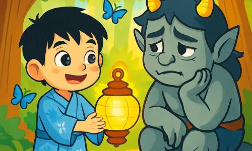 Haru, un ragazzo di circa 10 anni, ha capelli neri come l'inchiostro e occhi brillanti di curiosità. Indossa un kimono azzurro chiaro decorato con motivi floreali, e il suo viso esprime una gioia determinata mentre tiene una lanterna magica. Accanto a lui c'è un Oni, una creatura mitica con pelle grigia e occhi tristi, seduto su una pietra, che guarda Haru con ammirazione e speranza. La scena si svolge in una foresta incantata, con alberi maestosi e foglie verdi che filtrano la luce del sole, creando ombre danzanti sul terreno coperto di foglie dorate. Farfalle blu volano attorno a loro, aggiungendo un tocco di magia. Haru e l'Oni condividono un momento di profonda connessione, dove Haru incoraggia l'Oni a ritrovare la gioia accendendo la lanterna, simboleggiando l'amicizia e la luce che scaccia la tristezza.