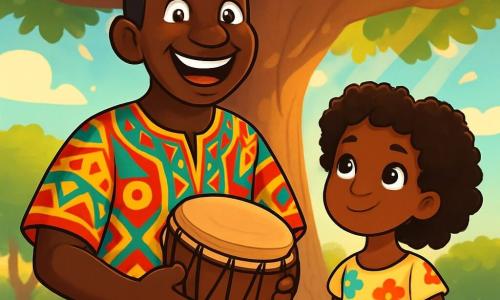 Un uomo, il capo Kwame, si trova al centro della scena, con un ampio sorriso caloroso e occhi brillanti come stelle. Indossa una tunica colorata in tessuto tradizionale, decorata con motivi africani vivaci, e tiene un antico tamburo tra le mani. Accanto a lui, una giovane ragazza di circa 10 anni, con capelli crespi e ricci, guarda con ammirazione, i suoi occhi brillano di curiosità. Indossa un vestito di cotone leggero, decorato con fiori colorati, e si tiene leggermente in disparte, pronta ad ascoltare le sagge parole di Kwame. Il decor si trova sotto un maestoso baobab, le cui ramificazioni si estendono ampiamente, creando un'ombra rassicurante sul terreno sabbioso. I raggi di sole filtrano tra le foglie, illuminando la scena con una luce dorata. Kwame, con il suo tamburo, chiama gli spiriti degli antenati per portare pace tra le famiglie in disaccordo, mentre la giovane ragazza osserva con meraviglia, impaziente di scoprire la saggezza ancestrale.