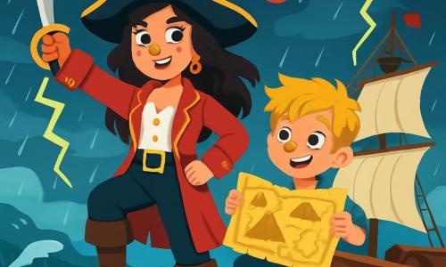 Capitan Isotta, una coraggiosa piratessa di circa trent'anni, si erge fiera sul ponte della sua nave, la Stella dei Mari. Ha lunghi capelli ondulati, color ebano, e indossa un cappello da pirata decorato con una piuma rossa. Il suo volto esprime determinazione ed eccitazione, con occhi brillanti che scintillano sotto i lampi. Accanto a lei, Nico, un ragazzo di dieci anni con capelli biondi arruffati e un sorriso malizioso, tiene una vecchia mappa del tesoro. La situazione principale mostra Isotta e Nico che scoprono la misteriosa mappa del tesoro, pronti a intraprendere un'audace avventura verso l'Isola delle Nebbie.
