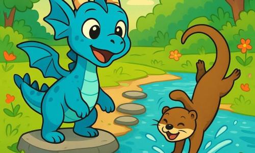 Un piccolo drago azzurro, di nome Lillo, con una coda a forma di spazzola e corna buffe, si trova su una pietra piatta accanto a un ruscello. I suoi occhi brillanti esprimono eccitazione e meraviglia mentre guarda una serie di pietre che portano all'altra riva. Accanto a lui, una lontra dispettosa, di nome Ninì, con il pelo marrone e occhi scintillanti di malizia, fa una pirouette nell'acqua, ridendo gioiosamente. Sullo sfondo, il ruscello scintilla sotto il sole, circondato da fogliame verde e fiori colorati che danzano al vento. La scena principale mostra Lillo e Ninì pronti a attraversare il ruscello saltando di pietra in pietra, con un'atmosfera di avventura e amicizia nell'aria.