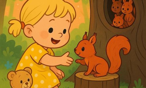 A joyful 2-year-old girl with short blonde pigtails, round cheeks and fair skin, wearing a yellow dress with white polka dots and red shoes, kneels gently reaching toward a small lively red squirrel with bright black eyes and fluffy fur perched on a stump at her level, looking relieved and curious, a beige teddy bear with visible seams and an embroidered smile sits beside her on mossy ground; a hollow oak with dark cracked bark houses other small squirrels peeking out with warm light inside; the mossy clearing has small blue and yellow flowers and warm orange-pink sunset rays filtering through green leaves with floating light dust—main scene: the girl returns the squirrel to its family in a tender, calm gesture, soft comforting mood, pastel palette with warm contrasts, simple expressive style with clean lines and rounded shapes suitable for toddlers.