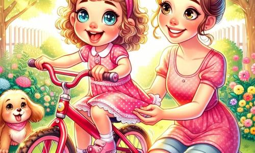 A 3-year-old girl named Lily, with sparkling blue eyes and curly blonde hair, is sitting on her red bike, beaming with a big smile. She wears a pink polka dot dress with shiny buttons, and her expression shows immense joy and pride as she prepares to pedal. Next to her is her mom, a woman in her thirties with brown hair in a bun and a warm smile. She is kneeling, holding the bike to help her daughter, her gaze full of encouragement. The setting is a sunny garden filled with colorful flowers and lush trees, with sunlight filtering through the leaves onto the well-maintained lawn. The main scene shows Lily, full of determination, starting to pedal on her own, with her mom by her side ready to support her. Max, the dog, is joyfully running around them, adding a touch of happiness to this scene full of confidence and adventure.