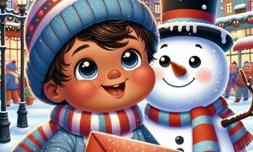 A one-year-old boy named Max, with round cheeks and sparkling eyes, stands in the snow holding a large shiny red envelope in his small hands. He wears a blue wool hat and a striped scarf, his face radiating excitement and determination. Next to him, a cheerful snowman with a top hat and a red scarf smiles, its branch arms open as if encouraging Max. In the background, a lively street is decorated with twinkling lights and colorful garlands, featuring wooden houses with snowy roofs. Snowflakes gently fall, creating a magical Christmas atmosphere. Max, with a big smile, is ready to give his letter to Santa, full of enthusiasm and hope, while the snowman encourages him kindly.