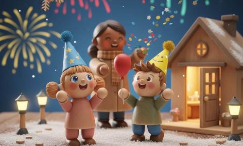 A delighted 4-year-old girl with bright eyes and rosy cheeks, short light-brown pigtails, wearing a blue party hat with star stickers and glitter, reaches up to catch snowflakes while smiling; her 4-year-old friend, a boy with tousled brown hair and a yellow hat with a painted smile, holds a red balloon and watches fireworks beside her; a mother in her 30s stands by an ajar door in a warm coat and scarf, tossing confetti and smiling; the nighttime snowy scene is a miniature hand-painted wooden diorama on a table with textured white snow, tiny lampposts, carved footprints and a blue gradient sky bursting with multicolored fireworks, warmed by house light and firework sparks, vivid colors and visible wood grain.