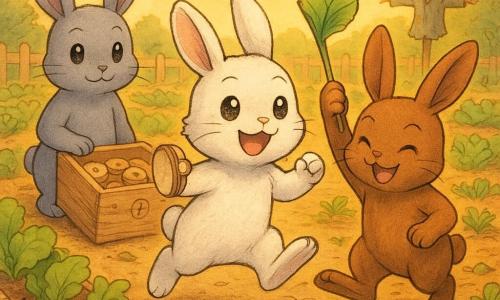O personagem principal é Nuno, um pequeno coelho branco de orelhas curtas, pelo ligeiramente sujo, olhos brilhantes e sorriso entusiasmado, segurando um pequeno chocalho-apito enquanto salta de alegria; a irmã mais velha Lila é uma coelha cinza de orelhas longas, postura orgulhosa e sorriso suave, a guardar peças numeradas numa caixa de madeira; o irmão do meio Kiko é um coelho castanho vivo, olhar travesso, acenando uma pequena bandeira feita de folha de couve e fazendo uma reverência cômica a uma cenoura torta; à volta, carrinhos de brinquedo coloridos estão alinhados numa pista de tábuas e cordões, com uma mini-ponte de casca e pedras numeradas; o jardim tem luz dourada ao pôr do sol, canteiros de alface e quadrados de cenoura, um banco de madeira gasto e um espantalho de chapéu inclinado ao fundo; a cena principal mostra os três celebrando depois de arrumarem o circuito — risos, danças e gestos de ajuda, folhas a esvoaçar e texturas de terra e madeira bem marcadas; estilo gráfico: traços manga suaves, cores quentes e saturadas, expressões acentuadas e detalhes lúdicos com texturas visíveis.