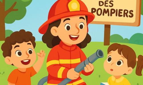 Uma mulher bombeira, Ana, sorridente e cheia de energia, usa um uniforme vermelho brilhante e um capacete reluzente. Seus olhos brilham de alegria enquanto ela mostra uma mangueira de incêndio para as crianças. Ao seu lado, um menino de 6 anos, com cabelos castanhos e cacheados, levanta a mão com entusiasmo, ouvindo atentamente. Uma menina de 5 anos, vestindo um vestido amarelo e com tranças, observa com olhos espantados, segurando um pequeno livro sobre bombeiros. A cena acontece em um parque ensolarado, cercado por árvores verdes e flores coloridas, com uma grande placa de madeira indicando 