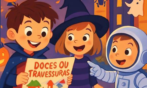 Um garoto de 6 anos, com cabelos castanhos bagunçados e olhos brilhantes de curiosidade, usa uma capa de vampiro com bolinhas azuis. Ele sorri entusiasticamente, segurando um grande pedaço de papel colorido, um mapa de 