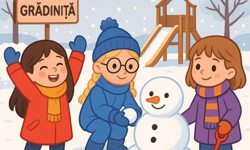 Există 3 personaje: - Mara: o fetiță de 6 ani, cu părul lung și brunet și obrajii roșii de frig. Poartă o haină roșie aprinsă și o eșarfă galbenă din lână. Zâmbește, cu brațele ridicate, în mijlocul zăpezii. - Ioana: o fetiță de 6 ani, cu părul blond împletit și ochelari rotunzi. Este îmbrăcată într-o combinație de schi albastră și poartă o căciulă cu pompon. Este așezată, ținând o bulă de zăpadă în mâini, pregătită să o arunce. - Sofia: o fetiță de 6 ani, cu părul castaniu și ochii sclipitori. Poartă o haină violet și o eșarfă cu dungi. Stă în picioare lângă Mara, ținând o mică lopată pentru a construi un om de zăpadă. Locul se desfășoară într-o curte de grădiniță, acoperită cu un strat gros de zăpadă albă și strălucitoare. Copacii cu crengi încărcate de zăpadă înconjoară spațiul, iar un cer mare de un gri deschis lasă să cadă mici fulgi de zăpadă. În fundal, se vede un tobogan din lemn, de asemenea acoperit de zăpadă. Situația principală arată cele trei prietene construind un om de zăpadă. Mara și Sofia râd împreună, în timp ce Ioana, concentrată, modelează bula de zăpadă. Atmosfera este veselă și plină de camaraderie, cu râsete care răsună în aerul rece.