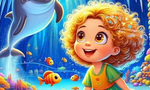Una bambina di 4 anni, Sofia, con capelli ricci e dorati come i raggi del sole, sorride con meraviglia. I suoi grandi occhi brillanti sono pieni di curiosità e gioia. Sta nuotando in un'acqua cristallina, circondata da pesci colorati che danzano intorno a lei. Accanto a lei, un delfino argentato, gioioso e birichino, salta graziosamente nell'acqua, creando schizzi scintillanti. Più lontano, una grande tartaruga marina verde, saggia e amichevole, nuota lentamente, osservando Sofia con uno sguardo benevolo. Il decor è una magnifica grotta sottomarina, con stalattiti scintillanti e luci blu che illuminano le pareti. Il fondo è tappezzato di conchiglie multicolori e piccole stelle marine, creando un vero tesoro sott'acqua. La scena principale mostra Sofia, il delfino e la tartaruga che scoprono insieme la grotta segreta, piena di meraviglie marine, mentre Sofia ride e si meraviglia della bellezza che la circonda.