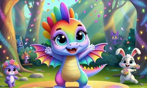 A little dragon named Sparky, with shimmering rainbow-colored scales and sparkling wings, joyfully dances at the center of the stage, his eyes shining with pride and excitement. He blows colorful puffs of confetti that float around him, creating a festive atmosphere. Next to him, his best friend Twinkle, an adorable rabbit with big ears, jumps enthusiastically, his eyes sparkling with joy as he holds a bouquet of wildflowers, adding a touch of magic to Sparky's performance. The setting takes place in the courtyard of Twinklewood School, surrounded by tall trees with shiny leaves that seem to dance to the rhythm of the music. Forest creatures, such as fairies and gnomes, gather with faces illuminated by the golden light of the setting sun. The main scene shows Sparky performing, twirling in the air as colorful confetti bursts around him, creating an enchanting spectacle to celebrate Mother's Day.