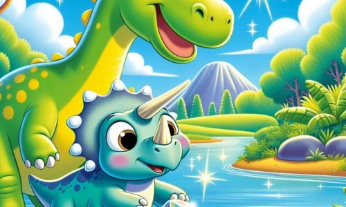 A diplodocus named Daisy, with green skin and yellow spots, happily stands by a sparkling river, her long neck stretching towards the sky. She has a big smile, her eyes sparkling with curiosity as she discovers a beautiful shiny pebble. Next to her, Tommy the triceratops, a young dinosaur with three horns and light blue skin, looks in wonder at the pebble, his round eyes filled with excitement. In the background, a bright blue sky is dotted with fluffy white clouds, and large trees with lush leaves surround the scene, creating a vibrant and colorful jungle atmosphere. The main focus shows Daisy and Tommy discovering the magical sparkling pebble together, ready to embark on an incredible adventure.