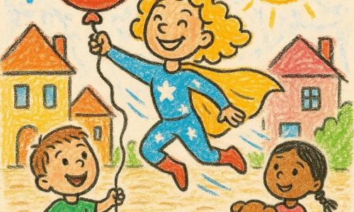 A smiling, confident blonde curly-haired superheroine in a shiny golden cape and light-blue starry costume leaps to catch a large red balloon with her right hand above a boy, Max (about 4, short brown hair, laughing eyes) who holds the string on the ground to her left, while a girl, Mia (about 5, braided black hair) in a pink dress holds a wagging brown puppy to her right near a green bush; sunny village square with beige cobbles, pastel houses, blue birds and a big smiling yellow sun; dynamic heroic action with simple speed lines, joyful expressions, bright contrasting colors and thick childlike strokes.
