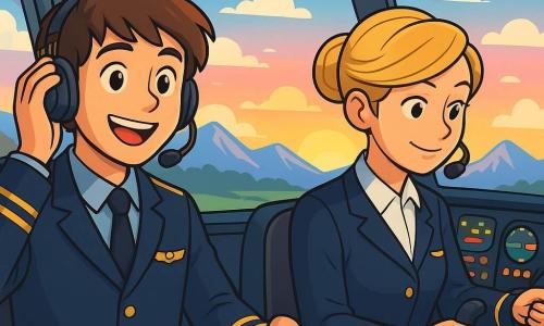 A pilot, Eliot, is sitting in the cockpit of a plane, with a broad smile of pride on his face. He has slightly tousled brown hair, wearing a blue shirt and a pilot's jacket adorned with shiny badges. His eyes sparkle with excitement as he adjusts his headset. Next to him, co-pilot Jan, around 30 years old with her blonde hair in a bun, looks at the instruments with concentration. She is wearing a pilot's blouse and smiling, ready for adventure. The cockpit is filled with blinking lights and colorful dials, with large windows offering a spectacular view of a blue sky dotted with fluffy white clouds. In the background, majestic mountains and a bright sunrise paint the sky in shades of pink and orange. Eliot and Jan are preparing for takeoff, their hands on the controls, eager to soar above the world, filled with anticipation and joy.
