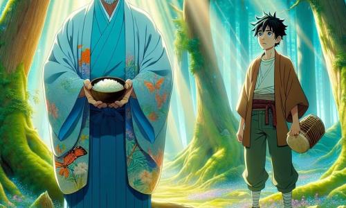 A man named Takumi, in his fifties with gray hair and a neat beard, stands at the center of the scene, his eyes shining with determination and gentleness. He wears a light blue cotton kimono embroidered with floral patterns and holds a small bowl of rice in his hands, ready to offer it. Next to him is a young man named Haruto, about 25 years old, with messy black hair and a worried expression, observing Takumi with curiosity. He is dressed in a brown travel coat, with his hands resting on a wooden drum, ready to play. The scene takes place in an enchanted clearing in the heart of a Japanese forest, surrounded by tall trees with gnarled trunks and vibrant green leaves. Sunlight filters through the foliage, creating bright patterns on the soft moss-covered ground and small wildflowers. Takumi, with deep gratitude, prepares to soothe the spirit of the forest, while Haruto, hesitant, stands back, watching the crucial moment when the connection between man and nature is formed.