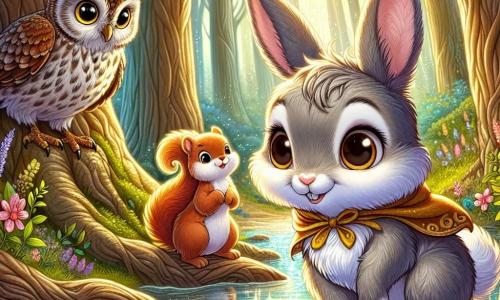 An illustration depicts a small bunny with soft, velvety fur, large curious eyes, and a determined smile. She stands on a stone by a sparkling stream, ready to venture into the enchanted forest. Nearby, a young squirrel with reddish fur and sparkling eyes watches the bunny with a mix of excitement and concern, its little paws tucked against its body. A wise owl perched on a branch, with brown and golden feathers, observes the scene encouragingly, its eyes shining with wisdom and pride. The main setting is a magical clearing surrounded by tall, gnarled trees with shimmering leaves, where colorful flowers dance in the wind. A crystal-clear stream winds through the clearing, reflecting sunlight and creating a fairy-tale atmosphere. The main situation shows the brave bunny ready to cross the stream to begin her quest, while the other characters encourage her with supportive and hopeful expressions. Additional graphic elements include colorful butterflies fluttering around the bunny, sun rays filtering through the tree branches, and a light magical mist hovering above the ground, adding a touch of enchantment to the scene.