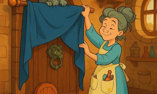 A gentle, laughing witch named Willow with gray-green hair in a messy bun, wearing a sky-blue lemon-stained dress and a pocketed apron, calmly hangs a heavy draft-curtain across an oak door, delicate hands on the rod; atop the rod sits Mister Pebbles, a polished-stone gargoyle with carved thick brows, helping secure anchors; at the door's base a tiny animated Doorlet with shiny hinges proudly plugs the gap; the large wooden door with a dragon knocker stands slightly ajar and gruffly content; setting: the warm wooden interior of a tall twisted tower with striped floors, stone walls lined with small shelves, round windows letting golden light and windswept moor herbs in; cozy, whimsical, enchanted scene centered on hanging the curtain.