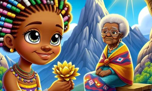 Em primeiro plano, Zuri, uma jovem africana de 10 anos, se apresenta com determinação. Seus olhos brilham como estrelas e seu sorriso ilumina seu rosto. Seu cabelo está trançado com contas coloridas, e ela usa um vestido tradicional com padrões vibrantes, refletindo a cultura de sua aldeia. Ela segura delicadamente uma linda flor de pétalas douradas, símbolo de cura, enquanto olha para o céu com esperança. Ao seu lado, Nyota, a avó de Zuri, com cerca de 70 anos, está sentada em um banco de madeira. Seu cabelo é grisalho e encaracolado, e seu rosto é marcado por rugas que contam histórias de sabedoria. Ela usa um pano colorido e um colar de contas, com um olhar cheio de gratidão e amor, observando sua neta com orgulho. O cenário está no topo da Montanha do Espírito, cercado por rochas majestosas e vegetação exuberante. O céu é de um azul brilhante, com nuvens brancas e fofas, e o sol brilha intensamente, criando uma atmosfera calorosa e mágica. A cena principal mostra Zuri, com a flor de cura na mão, pronta para entregá-la à avó Nyota, que espera com esperança. Este momento ilustra a conexão e o amor familiar, simbolizando a força da comunidade e a magia das tradições africanas.