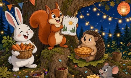 Sammy, a small red squirrel with soft fur and a bushy tail, smiles broadly holding a hand-drawn calendar while standing on a large oak root; Benny, a white rabbit with long ears and pink cheeks, laughs holding a basket of fresh carrots near the trunk to the left; Lila, a small brown hedgehog with rounded quills, sits on a leaf beside Sammy with a shy smile holding a golden apple pie; Molly, a tiny grey mouse with bright eyes, crouches at the base of the tree on the right presenting cheese cubes on a napkin. They are beneath a big oak in a forest with visible roots and green moss, glowing firefly garlands between branches, a dark blue starry sky and paper lanterns, celebrating a warm New Year party with friends under golden lights, bark cups of berry juice, laughter, simple bunting and confetti around the trunk.