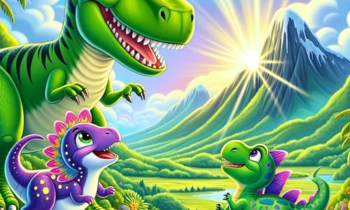 Un tânăr Tyrannosaurus Rex, cu o piele verde strălucitoare și ochi plini de curiozitate, stă pe vârful unei coline, admirând un peisaj minunat. Are un zâmbet larg pe față, arătându-și entuziasmul pentru aventură. Lângă el, o dinozaură veselă numită Lila, cu solzi violeți și pete roz, sare de bucurie, ochii ei strălucind de excitație. Un pic mai departe, Rex, un stegosaurus cu spini colorați, observă admirativ, solzii săi verzi strălucind sub soare. Decorul este o vale verde, cu munți măreți în fundal și un cer albastru deschis presărat cu nori albi pufoși. Flori colorate și ferigi luxuriante îi înconjoară pe cei trei prieteni, adăugând o notă de magie scenei. Situația principală arată cum Tiri, Lila și Rex descoperă o piatră strălucitoare care emite o lumină magică, simbolizând noua lor aventură împreună.