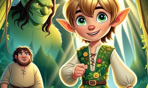 Un elfo ágil, llamado Elenor, está en el centro de la escena, con orejas puntiagudas y ojos verdes llenos de curiosidad. Tiene el cabello dorado que brilla como rayos de sol y lleva una túnica de hojas y flores coloridas. Su expresión es decidida mientras apunta con el dedo a una sombra misteriosa en el bosque. A su lado, un niño de diez años, Lio, con cabello castaño desordenado y ojos brillantes de emoción, mira la sombra con valentía. Lleva una camisa simple y pantalones de tela, y sostiene un pequeño ramo de flores en sus manos. Detrás de ellos, un troll de gran tamaño, con piel verde y una gran nariz, se inclina hacia adelante, intrigado por la escena. Su rostro muestra sorpresa y esperanza mientras observa al elfo y al niño. El lugar es el Bosque de los Susurros, un sitio encantador lleno de árboles majestuosos y flores brillantes que parecen sonreír. Rayos de sol filtran a través del follaje, creando patrones de luz sobre el suelo cubierto de musgo. La situación principal muestra a Elenor, Lio y el troll unidos en una búsqueda para descubrir la fuente de la sombra misteriosa que amenaza su bosque mágico, simbolizando la amistad y el valor ante lo desconocido.