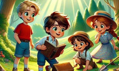 En un claro de un bosque mágico, cuatro amigos están juntos, listos para la aventura. Lucas, un niño de 10 años con cabello castaño y ojos brillantes, lleva una camiseta roja y un short azul, sosteniendo un viejo libro. A su lado, Sofía, una niña de 9 años con trenzas rubias y un vestido de flores, mira el libro con curiosidad. Tomás, un niño de 10 años con cabello rizado y gafas redondas, está agachado, buscando en el suelo con una pala de plástico. Por último, Ana, una niña de 9 años con cabello castaño y un sombrero de paja, sonríe sosteniendo una caja de madera que acaban de desenterrar. El lugar es un claro verde, rodeado de árboles majestuosos con hojas de un verde brillante, con rayos de sol que filtran a través de las ramas, iluminando el suelo lleno de flores de colores y pequeñas piedras brillantes. La escena principal muestra a los amigos descubriendo un tesoro enterrado bajo un gran árbol, con expresiones de sorpresa y emoción en sus rostros, mientras abren una vieja caja de madera llena de canicas de colores y un misterioso diario.