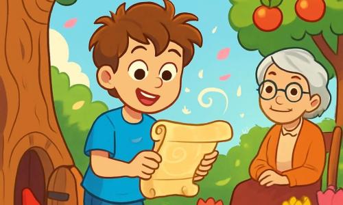 A 12-year-old boy, Ethan, with tousled brown hair and sparkling curious eyes, stands in the center of an enchanting garden. He wears a bright blue t-shirt and jeans, with a look of wonder on his face as he discovers a small secret door at the base of an old oak tree. Nearby, his grandmother Hazel, an elderly woman with silver hair and round glasses, watches with a kindly smile, sitting on a wooden chair surrounded by colorful flowers. The garden is filled with vibrant tulips, smiling gnomes, and a large apple tree with shiny red apples glistening in the sun. The main scene shows Ethan, wide-eyed, reading an old scroll of magical paper that has just emerged from the secret door, while a gentle breeze makes the petals dance around him.