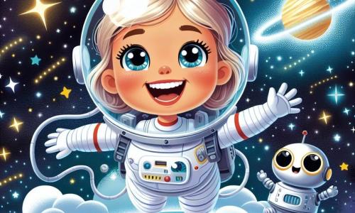 Un'astronauta di nome Giulia fluttua felicemente nello spazio, con un grande sorriso sul volto. La sua tuta spaziale bianca brilla sotto le stelle e il suo casco trasparente rivela i suoi occhi scintillanti di eccitazione. Accanto a lei, un piccolo robot amichevole, con occhi rotondi e un corpo argentato, la accompagna fluttuando, pronto ad aiutarla nelle sue scoperte. Lo sfondo è un vasto spazio nero punteggiato di stelle scintillanti e una brillante pianeta blu in lontananza, con nuvole bianche vaporose che danzano attorno a lei. Giulia esplora questo nuovo mondo, incantata dalla bellezza delle stelle e dalla magia dell'universo che la circonda.