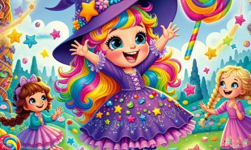 Una piccola apprendista strega, Lella, di cinque anni, con capelli colorati arcobaleno e un grande sorriso gioioso, si trova al centro dell'immagine. Indossa un vestito viola decorato con stelle scintillanti e un cappello a punta leggermente storto. Lella salta con entusiasmo, le braccia alzate, circondata da una pioggia di glitter magici. Alla sua destra, Gino, un ragazzo di sei anni con capelli castani disordinati e occhi scintillanti, tiene una grande leccornia a forma di bacchetta magica, ridendo mentre guarda Lella, in piedi su una pila di foglie colorate. A sinistra, Mia, una bambina di cinque anni con capelli biondi intrecciati e un vestito blu, alza le braccia al cielo, meravigliata dalla magia che si svolge attorno a loro. Lo sfondo è un giardino incantato, pieno di fiori multicolori, alberi dai tronchi attorcigliati e nuvole a forma di caramelle che fluttuano in un cielo blu brillante. In lontananza si intravede la silhouette della 