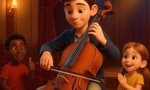 Un adolescente, Martín, de rostro dulce y concentrado y ojos brillantes, toca el violonchelo sentado con manos delicadas, chaqueta azul marino y pantalón claro; a la derecha, Lucía, de unos 6 años con coletas y sonrisa maravillada, aplaude sentada al borde del escenario; a la izquierda, en las primeras filas, Pedro, ~13 años, rostro risueño y camiseta roja, sostiene una guitarra acústica y levanta el pulgar; el gran auditorio cálido tiene butacas de terciopelo rojo, suelo de madera brillo, apliques dorados y telón burdeos abierto, con focos amarillos y azules; en el centro Martín interpreta una melodía que crece en crescendo mientras los demás niños añaden pequeñas percusiones y campanillas, expresión general de asombro y aplausos y una atmósfera luminosa y mágica.