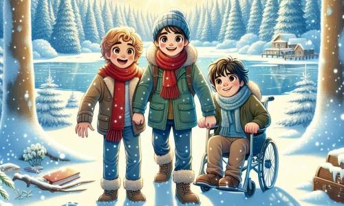 En un claro de bosque nevado, tres amigos están juntos. Jaime, un niño de 10 años con cabello rizado y ojos brillantes, está en el centro, sonriendo con entusiasmo. A su izquierda, Marcos, un niño de 9 años con una bufanda roja, observa con curiosidad las huellas en la nieve. A la derecha, Sergio, un niño de 10 años en silla de ruedas, mira asombrado, con los ojos llenos de alegría. El paisaje es un hermoso escenario invernal: árboles majestuosos cubiertos de nieve brillante, un cielo azul claro con nubes blancas esponjosas y un suelo inmaculado donde los copos de nieve caen suavemente. Los amigos descubren huellas misteriosas en la nieve, pareciendo danzar alrededor de un árbol. Están en plena exploración, tratando de entender si estas huellas pertenecen a las criaturas mágicas de las que les habló su abuela, llenos de emoción y curiosidad.