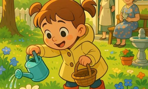 Una niña de 4 años, alegre y maravillada, con coletas castañas claras, ojos brillantes y hoyuelos, lleva un abrigo amarillo pálido, botas de goma rojas y una pequeña cesta de mimbre; se inclina para contar flores y riega suavemente con una regadera azul cielo cuyas gotas brillan al sol; detrás, la madre (unos 30 años) sonríe desde la puerta con el pelo recogido y un delantal ligero, y una abuela (unos 65 años) observa con ternura sentada en un banco junto a una fuente, con vestido de flores y una taza de té; el jardín primaveral tiene césped cubierto de rocío, parterres multicolores (margaritas blancas, campanillas azules, pequeñas flores rojas y naranjas), un viejo árbol de hojas tiernas, una valla blanca y una fuente de piedra junto a una maceta roja; la niña está en el centro inclinada sobre una margarita, con luz matinal dorada filtrándose entre las hojas, atmósfera suave y primaveral; estilo visual: renderizado 3D cartoon en cel-shading, colores saturados pero suaves, contornos nítidos, texturas simples y expresiones exageradas y legibles para niños.