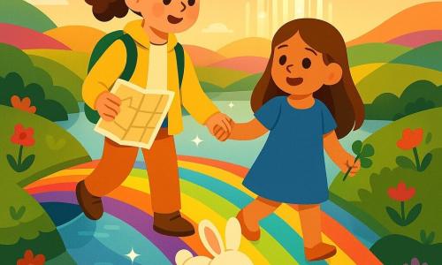Er zijn drie figuren: Noor, een ongeveer 10-jarige lichtgekleurde dochter met bruin krullend haar in een staart, gele jas en groene rugzak, die in haar linkerhand een uitgevouwen kaart houdt en links op de kleurrijke brug loopt; Evi, ongeveer 9 jaar, gebruinde huid, lang glanzend lichtbruin haar en blauwe jurk, die rechts van Noor loopt en in haar rechterhand een klein klavertjevier vasthoudt terwijl ze glimlacht; en een klein wit konijntje ter grootte van een mand, pluizige vacht en roze oren, dat vooraan in het midden van de brug springt en naar de meisjes kijkt. Voorgrond: een brede rivier die glanst als glas met oevers bedekt met groen mos en rode en paarse bloemen; een voetgangersbrug van lichtbanden vormt een doorschijnende boog boven het water. Achtergrond: een verborgen vallei met glinsterende glazen torens en heuvels vol kleurrijke velden; zachte zonsondergangshemel met roze wolken. Hoofdsituatie: de twee meisjes steken samen een meerkleurige lichtboogbrug over, bijna hand in hand, het konijn hupt voor hen; sfeer van verwondering en avontuur met felle kleuren, duidelijke contrasten, eenvoudige vormen en zachte belichting afkomstig van de verre glazen stad.