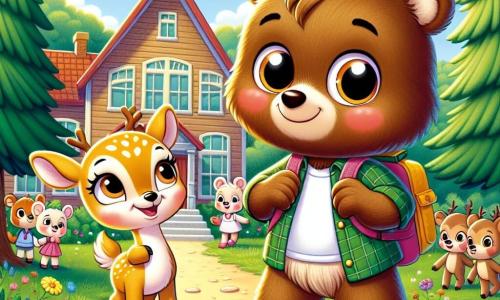 Oliver, un giovane orso bruno dagli occhi scintillanti e dal pelo morbido, si trova al centro dell'immagine con un'espressione nervosa e curiosa, mentre tiene il suo piccolo zaino pieno di materiale scolastico. Accanto a lui, Lila, una delicata cerbiatta con macchie bianche sul pelo, sorride calorosamente, i suoi occhi brillano di eccitazione mentre gli tende una zampa amichevole. Lo sfondo è una deliziosa scuola di legno, circondata da grandi alberi verdi, con fiori colorati lungo il sentiero. Il cielo è blu e soleggiato, creando un'atmosfera gioiosa e accogliente. La scena mostra Oliver e Lila pronti a entrare a scuola per il loro primo giorno, circondati da altri giovani animali che giocano e ridono, illustrando l'eccitazione e l'attesa per l'inizio delle lezioni.